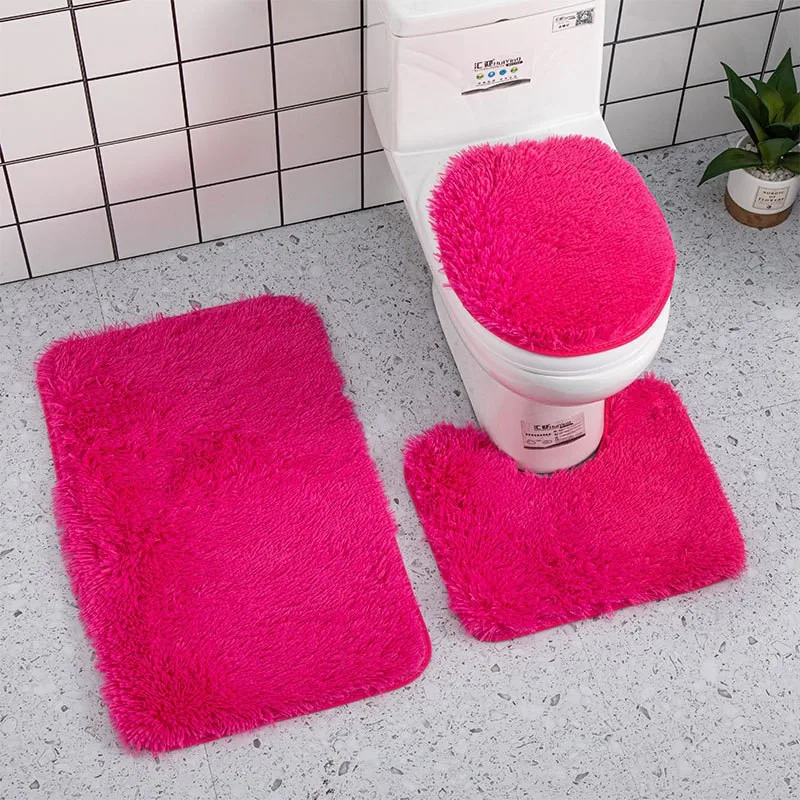 3pc Bathroom Set Rug Mat Toilet Lid Cover Plain Solid Color Bathmats Rugs Kit Non-Slip Fluffy Home Carpets For Bathroom