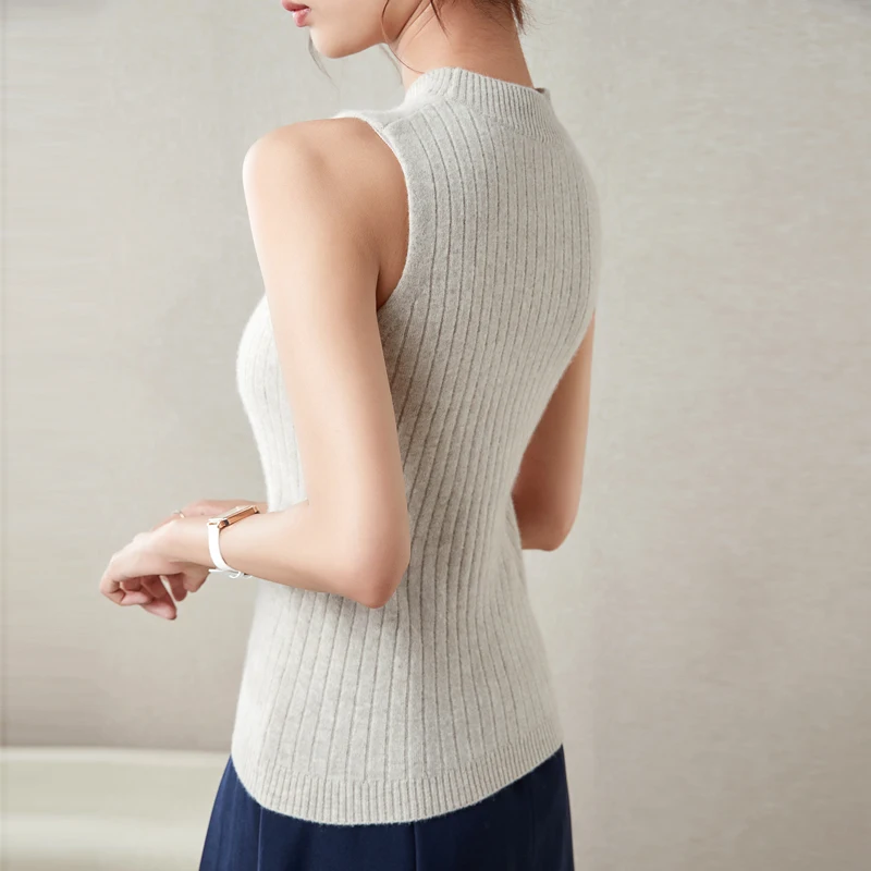 LONGMING Knitted Sleeveless Vests 100% Merino Wool Sweater Women Spring Cashmere Trutleneck Pullover Fashion Top Female Clothing