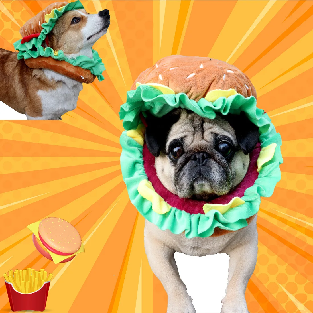 Hamburger Cat Headgear Collar Cap Cat Dog Ring Adjustable Bandana Funny Headdress Photo Props