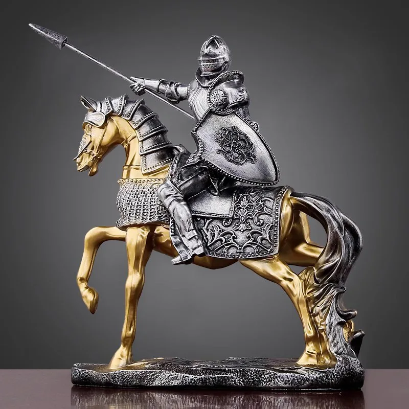 Vintage Armored Knight & Horse Resin Statue, Success Symbol Ornament, Living Room Office Decor, Business Opening Gift