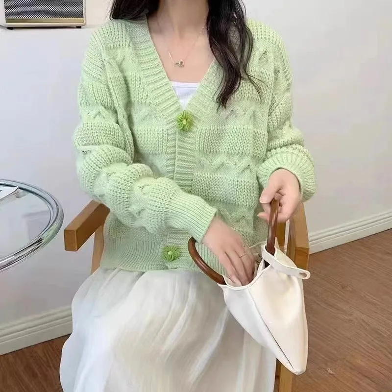 Cardigan Women Sweater 2025 New Fashion Spring Autumn Twist Flower Button Loose Knitted Sweater Small Top women's Clothing