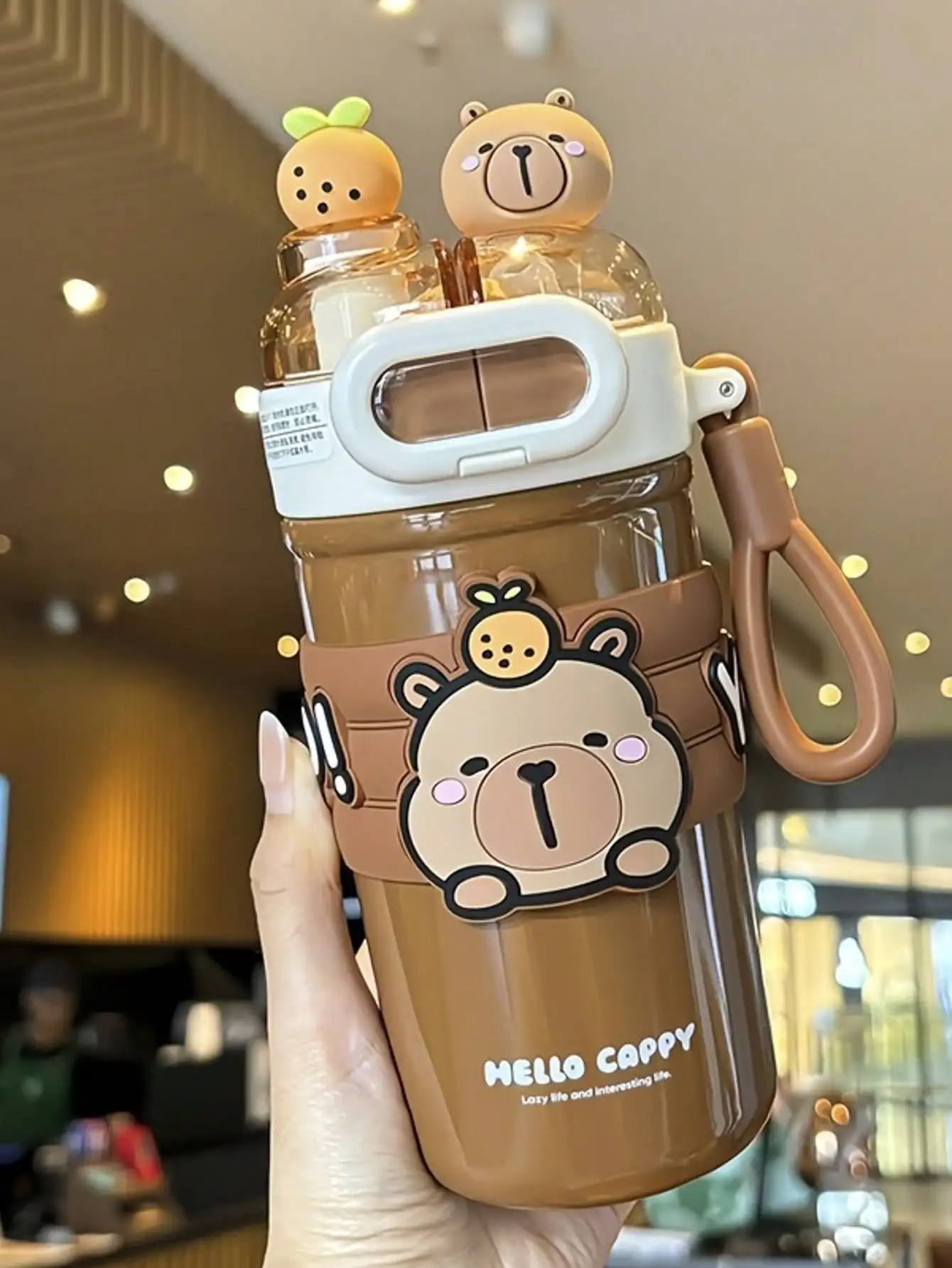 

Cute Capybara Insulated Kids Water Bottle, 17oz 316 Stainless Steel Leak Proof 2-In-1 Dual Lid Straw Cup With Portable Handle, Cartoon Tumbler For Toddlers Boys Girls School Travel Outdoor Use