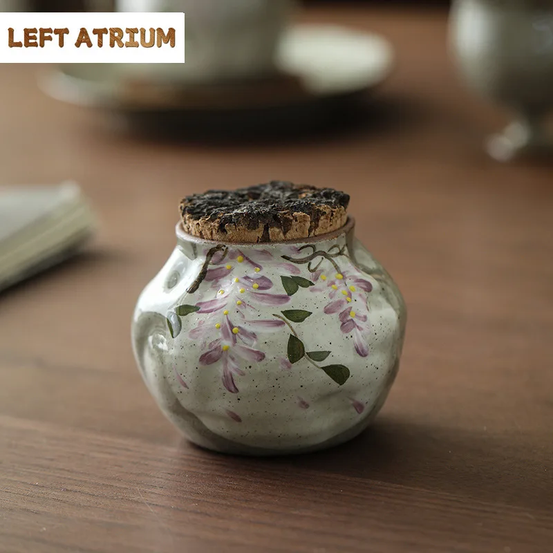 

Hand-painted Wisteria Flower Tea Box Organizer Moisture-proof Japanese Storage Tank Containers Tea Caddy Tea Services Decoration