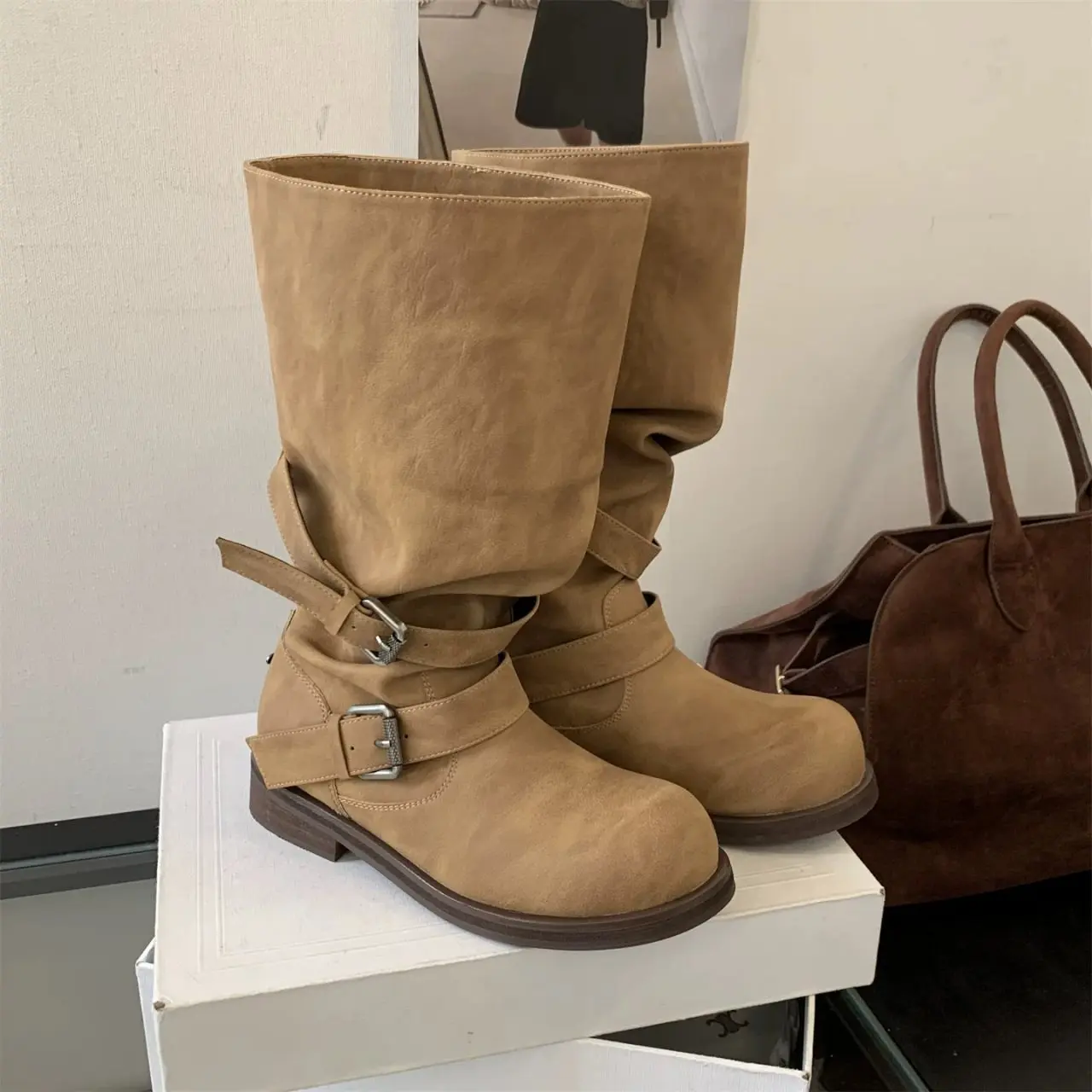 New Vintage Faux Suede Woman Knee High Boots Metal Buckle Decor Block Heel Shoes Autumn Ladies Daily Mordern Long Booties