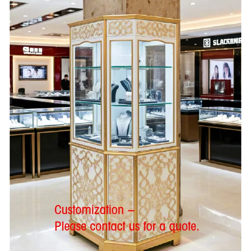 custom.Luxury European Hexagonal Jewelry Display Cabinet Tempered Glass LED Lighting | White Gold Carved Design | Customizable