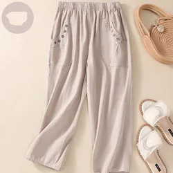 Women's 2024 Summer Spliced High Waist Elastic Button Pocket Fashion Solid Color Loose Linen Straight Leg Wide Leg Casual Pants