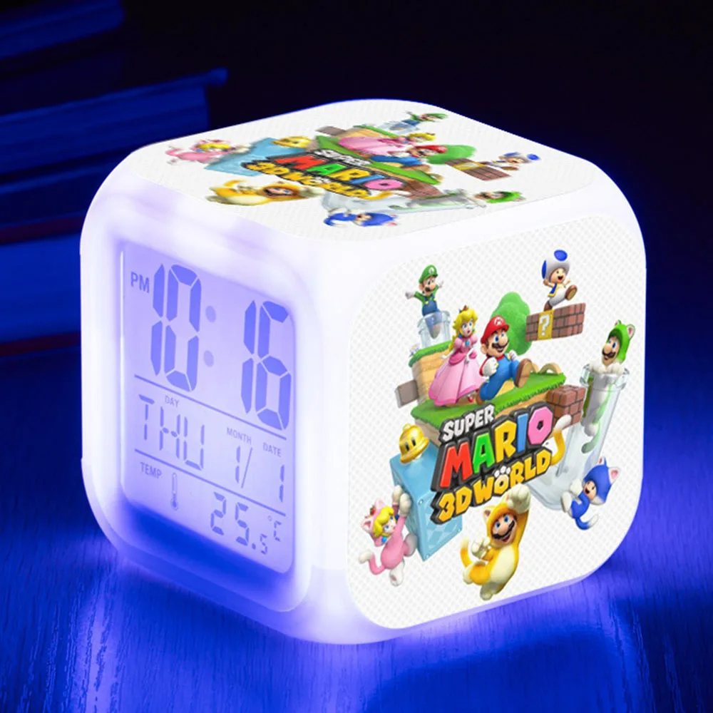 Cute Super Mario Figure LED Color Changing Alarm Clock Electronic Clock Luminous Digital Glowing Decoration Kids Birthday Gift