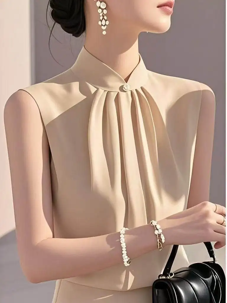 

Unique High-End Sleeveless Chiffon Shirt Women's Summer Fashion Age-Defying Top Commute Slimming Vest Korean Style Regular Fit