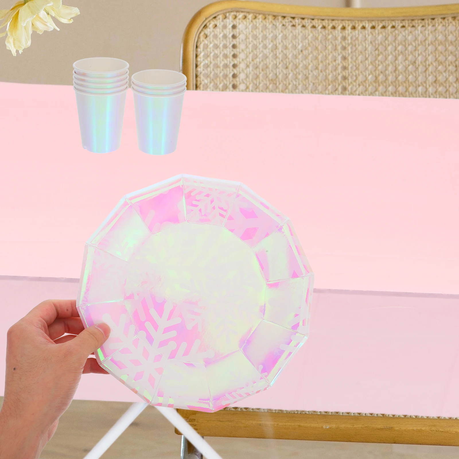 

Party Supplies Set Tablecloth Snowflake Decorations Paper Plates Cups Tray Cloths Disposable and Napkins