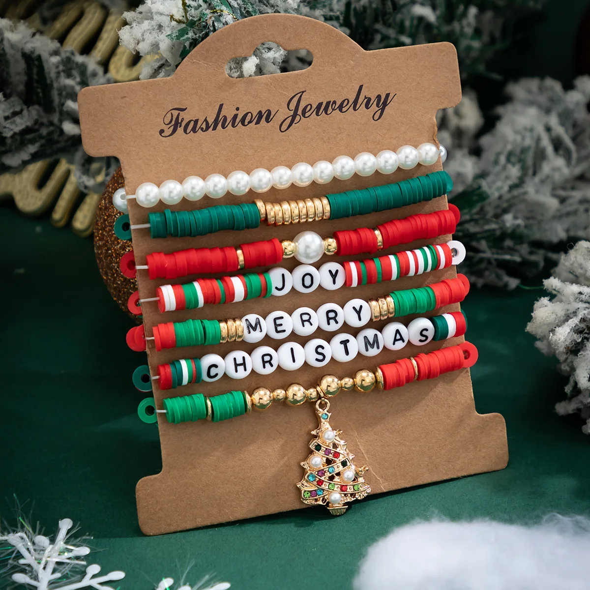 7pc/set Polymer Clay Imitation Pearl Women Bracelet Christmas Tree Pendant Shiny Rhinestone Multilayer Manual Designer Jewelry