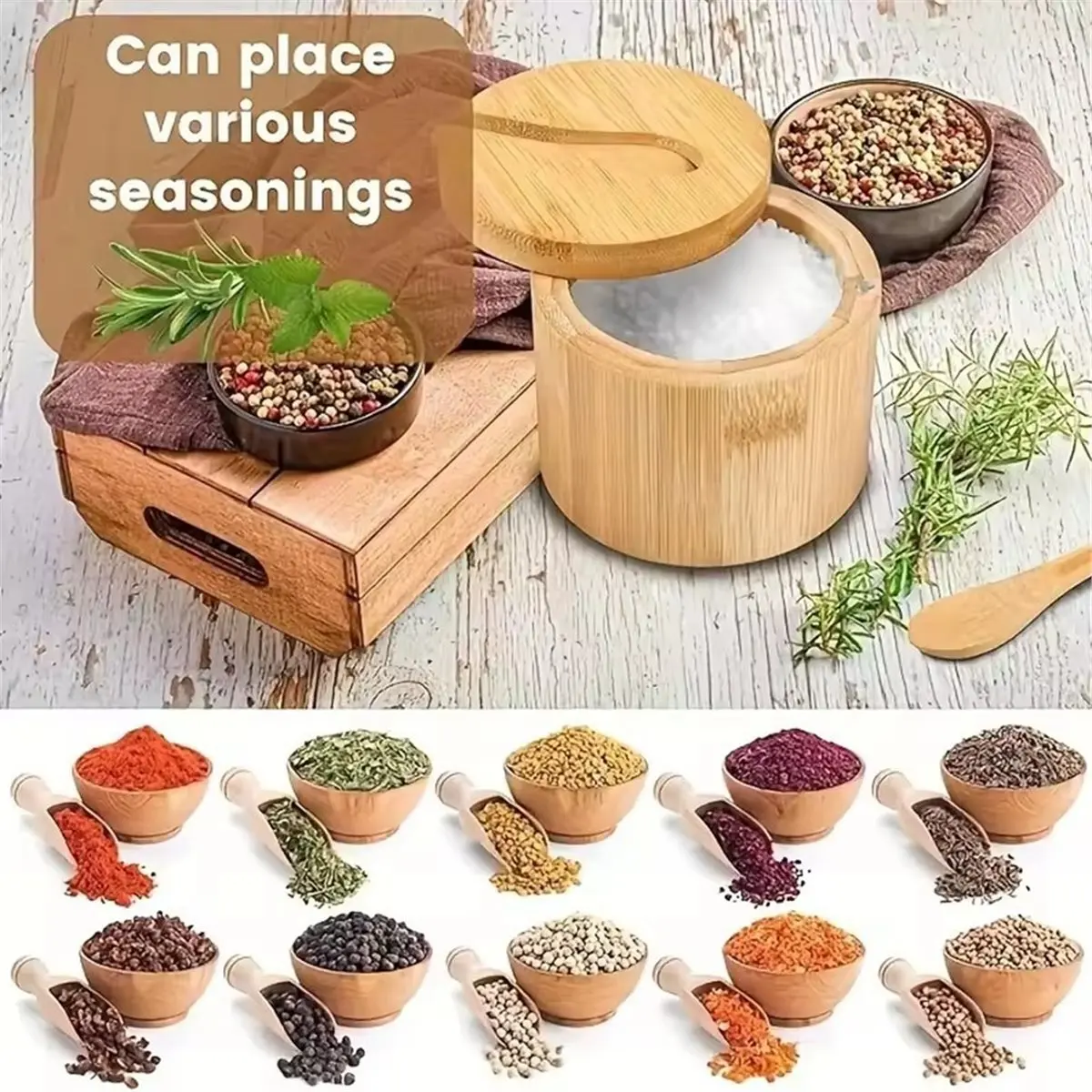 PROFESSIONAL USE Salt Seasoning Jars Pepper Jar Bamboo Condiment Box Bowl Storage Pot Set Wood Sugar Container Holder