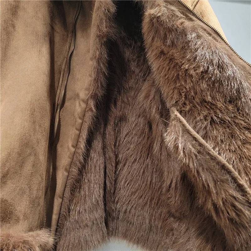 DEATผู้หญิงSuede Coat Faux Fur Turn-Down CollarซิปหนาPlushรถจักรยานยนต์สไตล์แจ็คเก็ต 2024 ฤดูหนาวใหม่แฟชั่น 29L8824