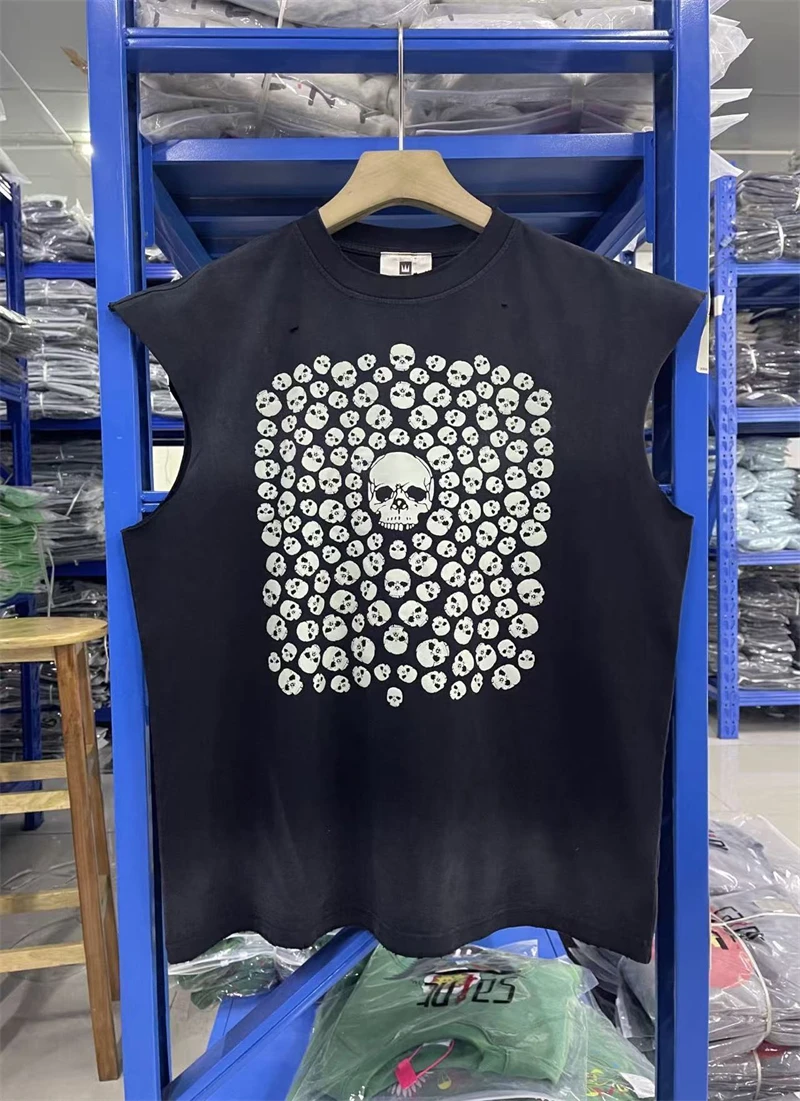 

High Street Classic Japanese Vintage "Skull Luminous Pile" Printed Pattern Washed Tank Top Pure Cotton Casual Loose Men's Vest