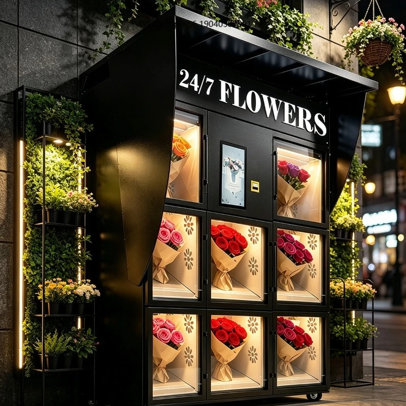 Modular Design Refrigerated Flower Vending Machine 8-Compartment Storage Cabinet Touchscreen Display Cloud-Based Management