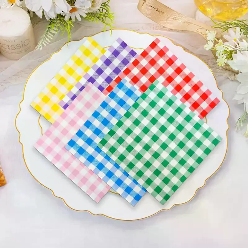 [MA]20 Sheets Colorful Gingham Disposable Paper Napkins Soft Absorbent For Picnics Birthday Wedding Holiday Table Decorations