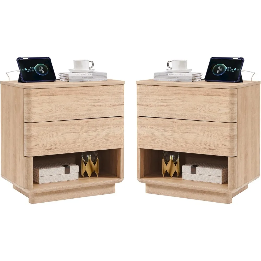 Pair of Modern Nightstands with Charging Station, 22 Large Bedside Tables featuring 2 Drawers Storage, Push-to-Open Design