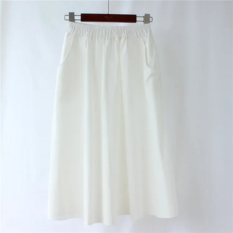 

Midi Skirt Women Fashion Elastic Waist Side Pockets Ruched Sun Falda Female Casual Loose Solid Color Empire A-Line Cotton Skirt