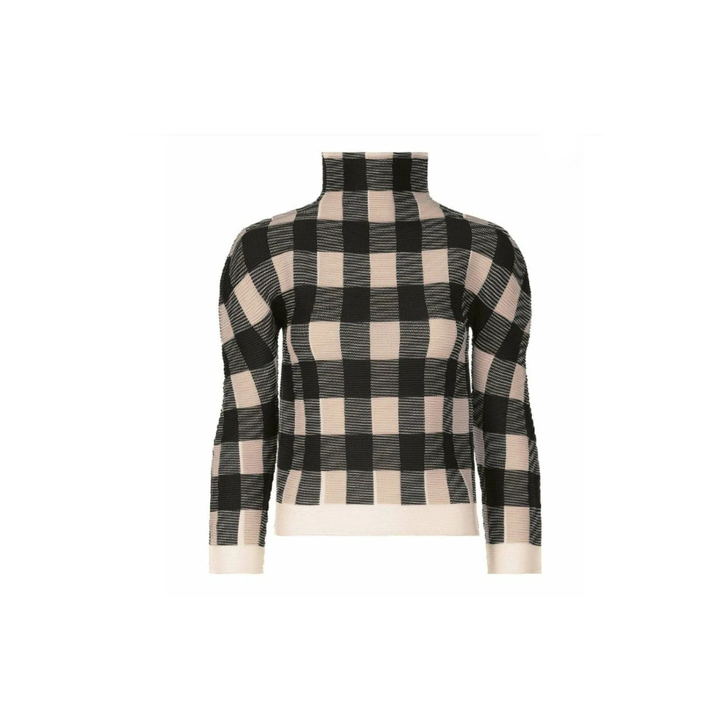 

Miyake Women Plaid Printed Me Pleats Series Half High Neck Short Sleeve Long Sleeve Pleated T-shirt Women's Thin Pullover Top