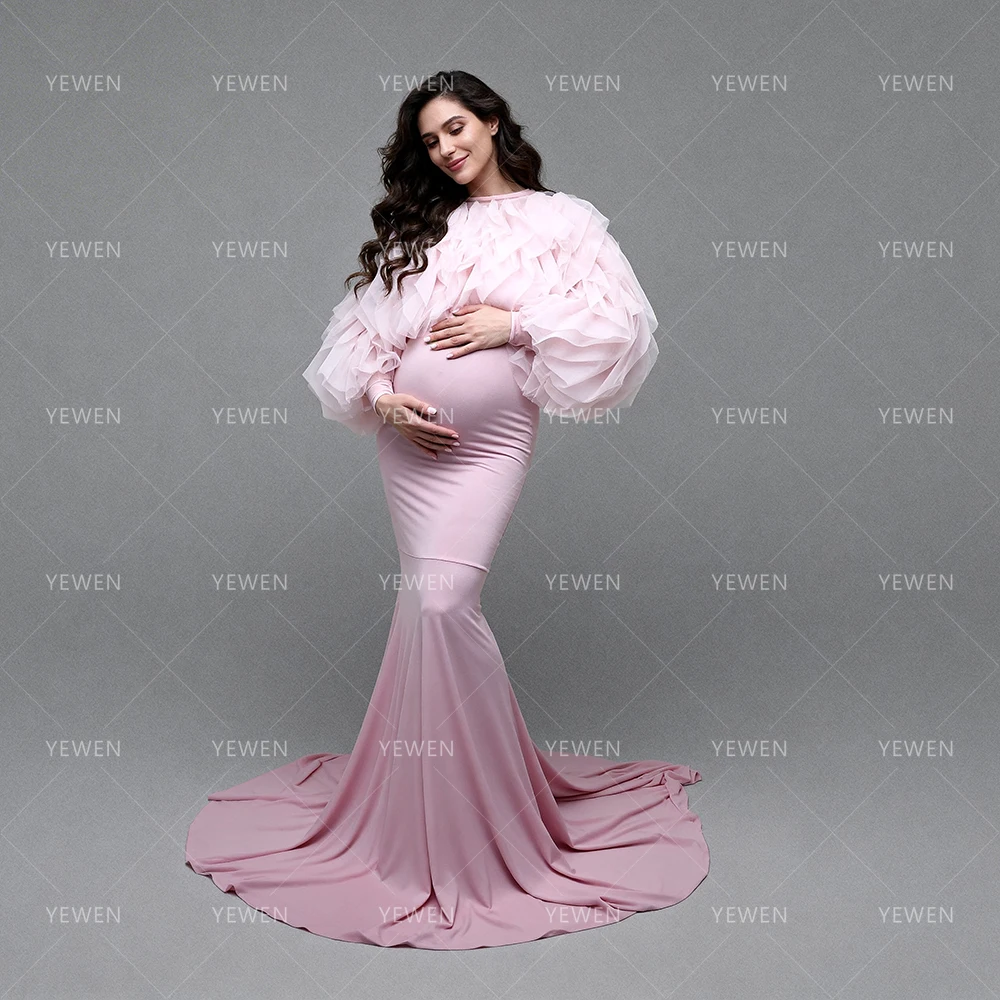 Baby Shower Dress Woman Pink Ruffled Tulle Overlay Long Sleeve Dress for Pregnant Women Maternity Clothing Pregnancy YW2603172D view 2