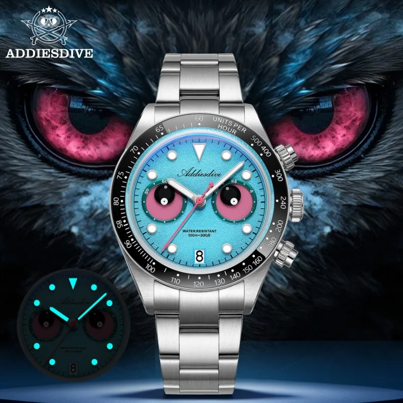 ADDIESDIVE Reloj Men Chronograph Watch AD2557 BGW9 Super Luminous Eye Dial 100m Waterproof 316L Stainless Steel Quartz Watch