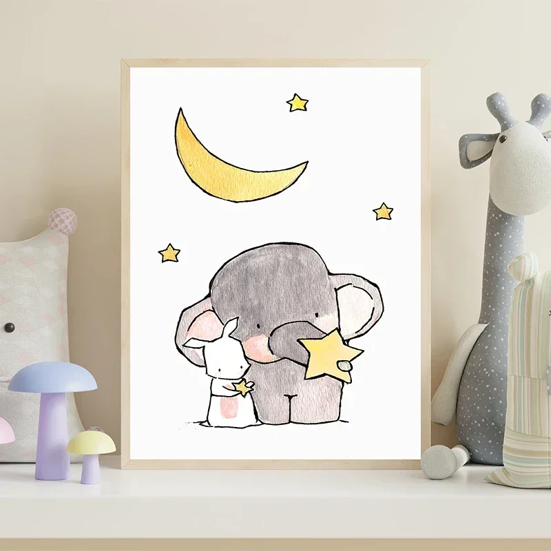 Elephant Bunny Picking Stars Cute Posters and Prints Canvas Printing Modern Wall Art Picture for Living Room Home Decor Gifts