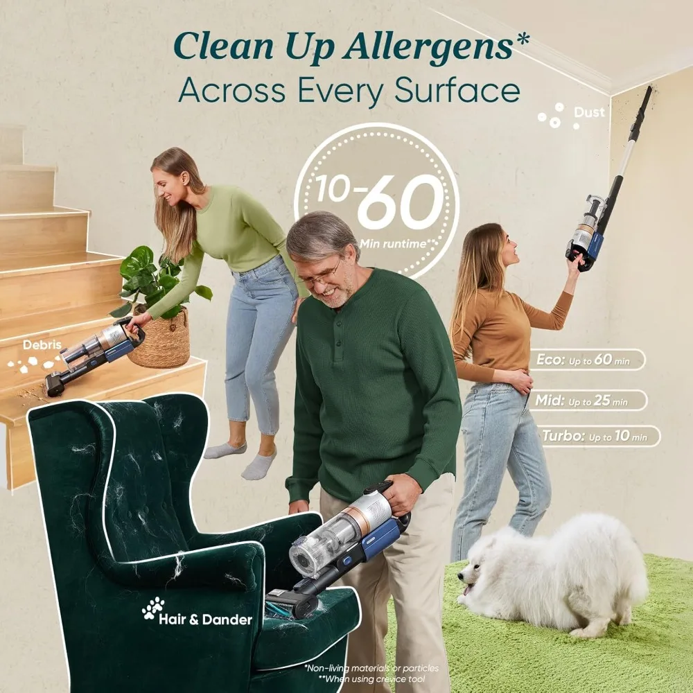 Cordless Vacuum Cleaner with HEPA Filter, Stick Vac with Tangle-Resistant Design, Up to 60 Mins, Powerful Suction, Lightweight,