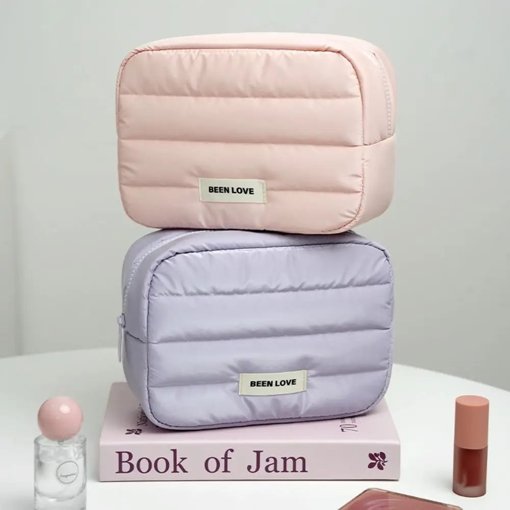 Fashion Down Puffy Makeup Bag Large Capacity Solid Color Travel Quilted Toiletry Bag Fluffy Zipper Skincare Storage Bag