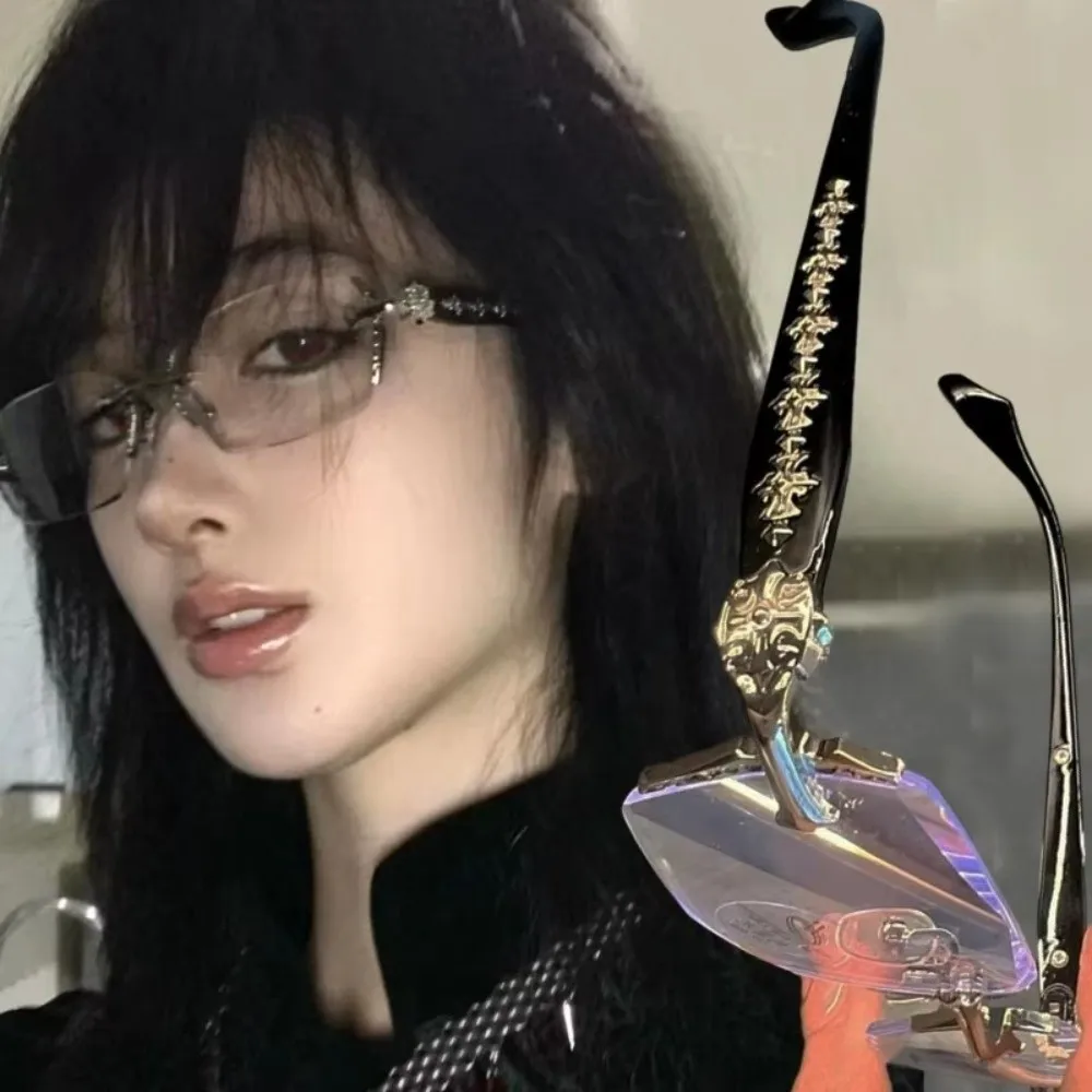 Y2K Vintage Rahmenlose Brille mit abgeschrägten Kanten, Augenschutz, Anti-Überanstrengung, Anti-Blaulicht-Brille, Reisebrille, Metall