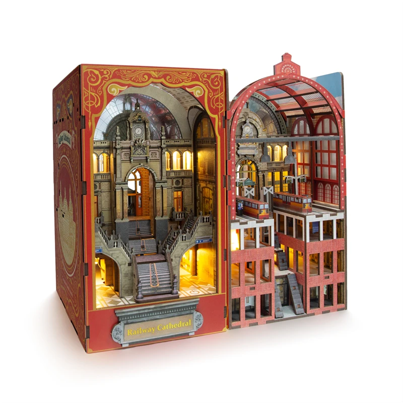 Fai da te Book Nook Kit modello in miniatura in legno fermalibri cattedrale ferroviaria assemblato 3D Puzzle libreria Home Decor amici regali