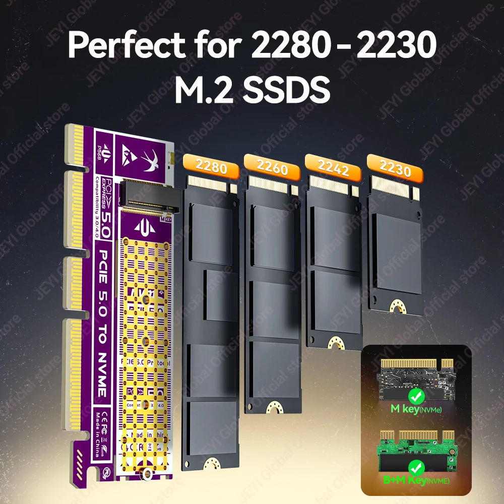 JEYI PCIe 5.0 Adapter NVMe M.2 SSD Expander Card 128Gbps Support 2230/42/60/80 SSD Support PCIE X4/X8/X16 Compatible PCIe 4.0