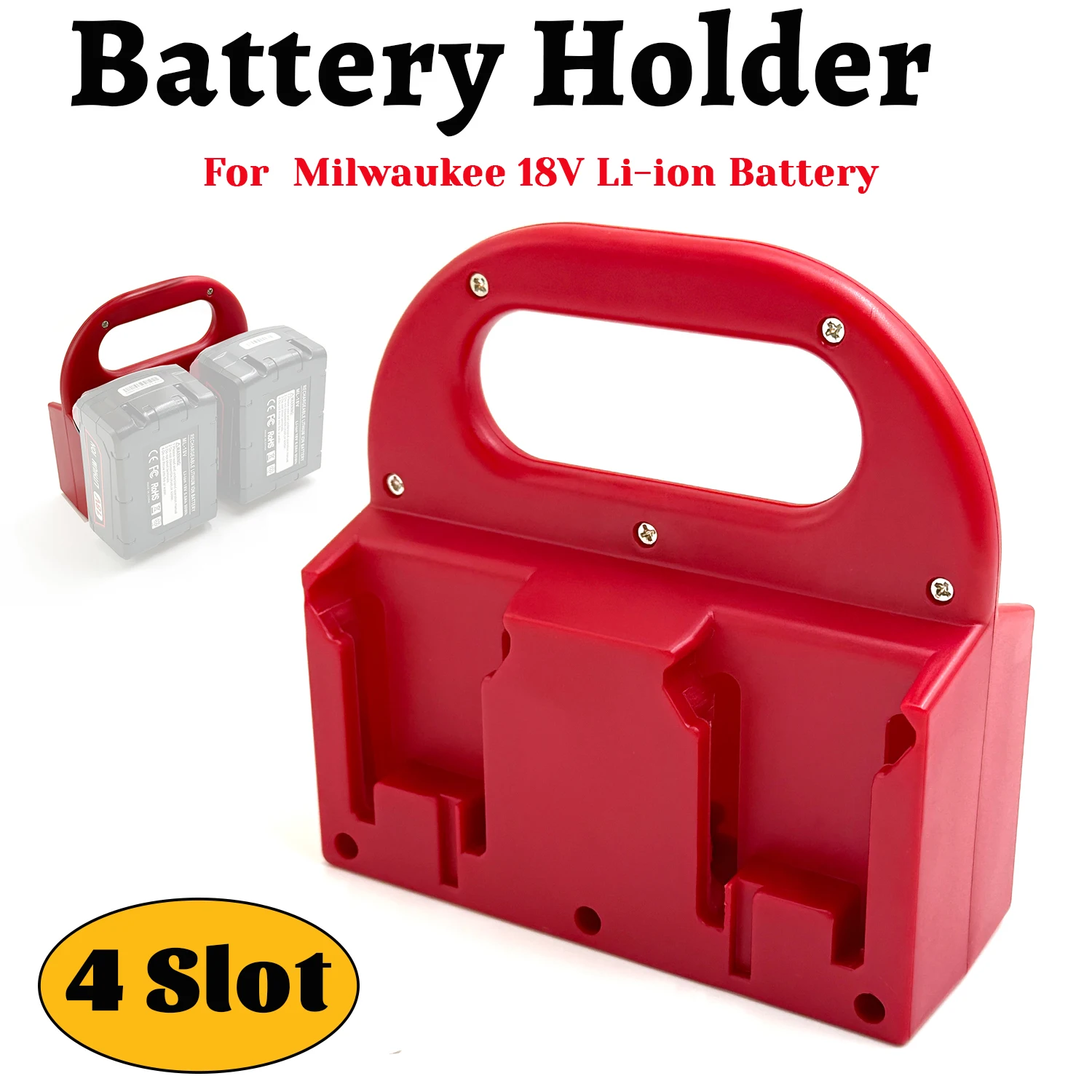 For Milwaukee 18V Li-ion Battery Holder,4 Slot Portable Storage Rack with Handle, Battery Mount Dock for Work Van Toolbox Garage