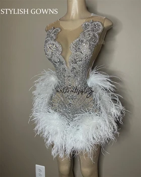 White Short Prom Dresses For Black Girls Beaded Crystal Rhinestone Birthday Party Dress Feather Homecoming Cocktail Customized