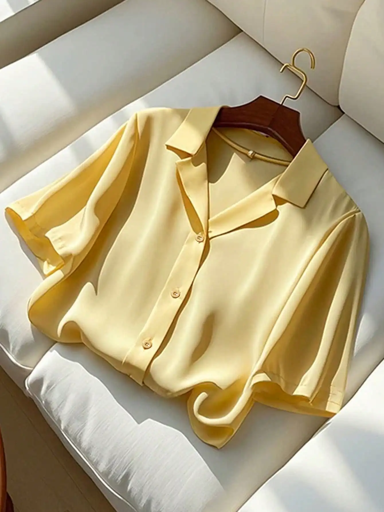 

Women's Yellow Satin Short Sleeve Button Down Shirt, Casual Summer Top with Turn-Down Collar