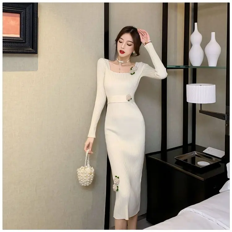 Outono inverno feminino pescoço quadrado vestido de malha camada base camisola vestido até o chão manga regular saias de comprimento total cq241