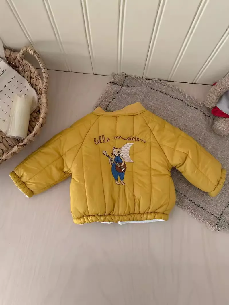 2024 Winter New Baby Fleece Warm Coat Cartoon Embroidery Boys Girls Cotton Padded Jacket Plus Velvet Thick Kids Quilted Jacket