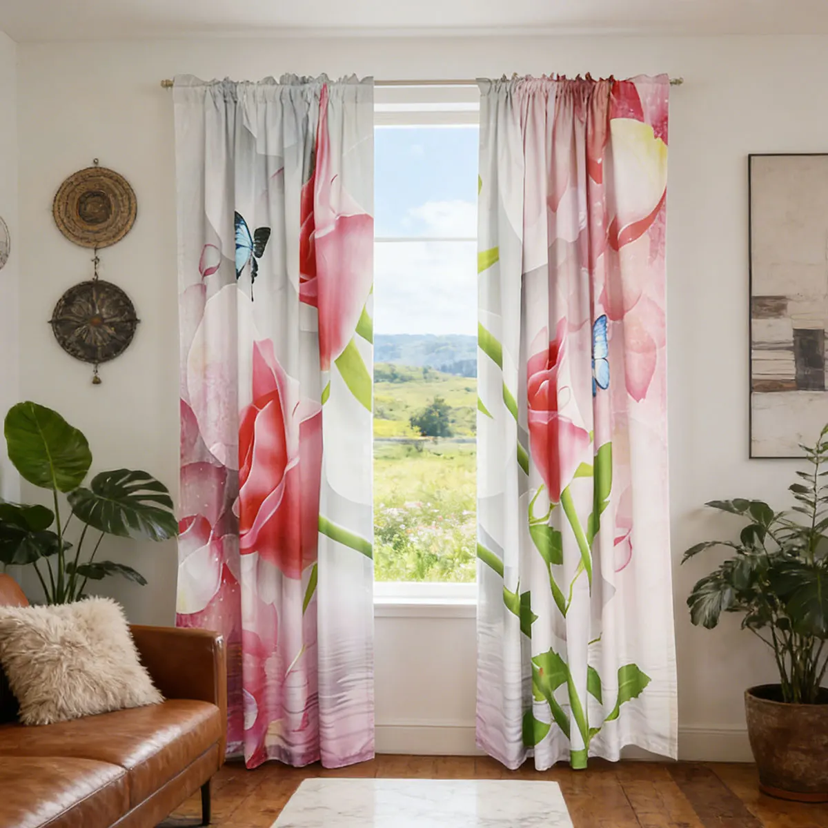 

Прозрачные шторы с акварельным принтом роз и бабочек, светопропускающие занавески с карманом для карниза для гостиной