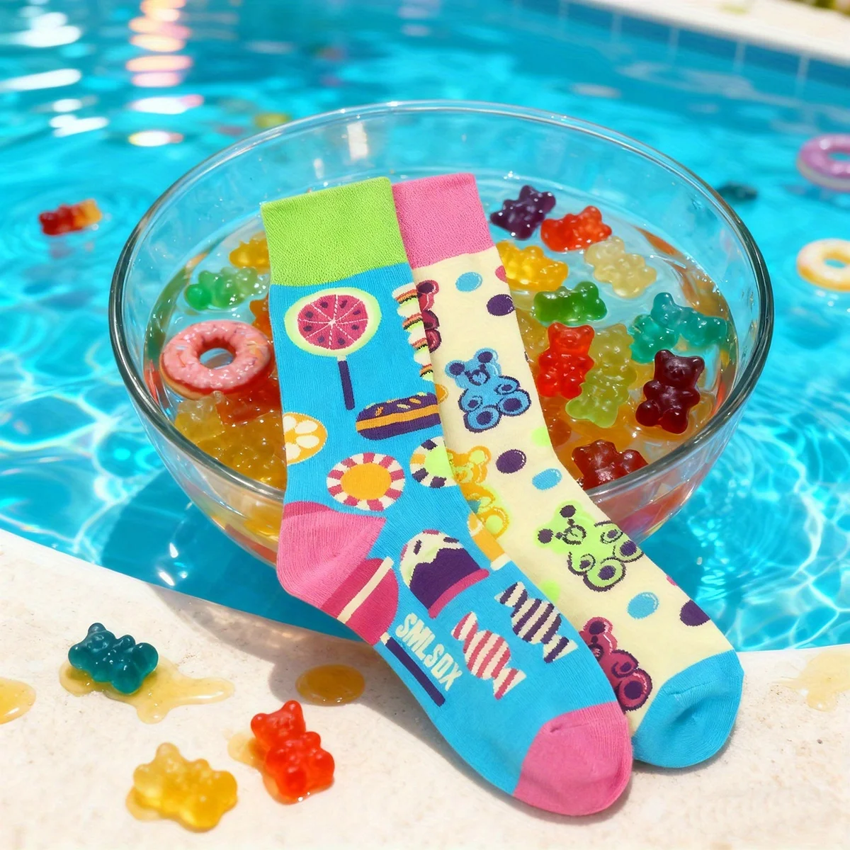 1 Paar süße und coole Macaron-Socken – mittelhohe Damensocken, stilvolle, vielseitige Freizeitsocken mit Bonbon-Print