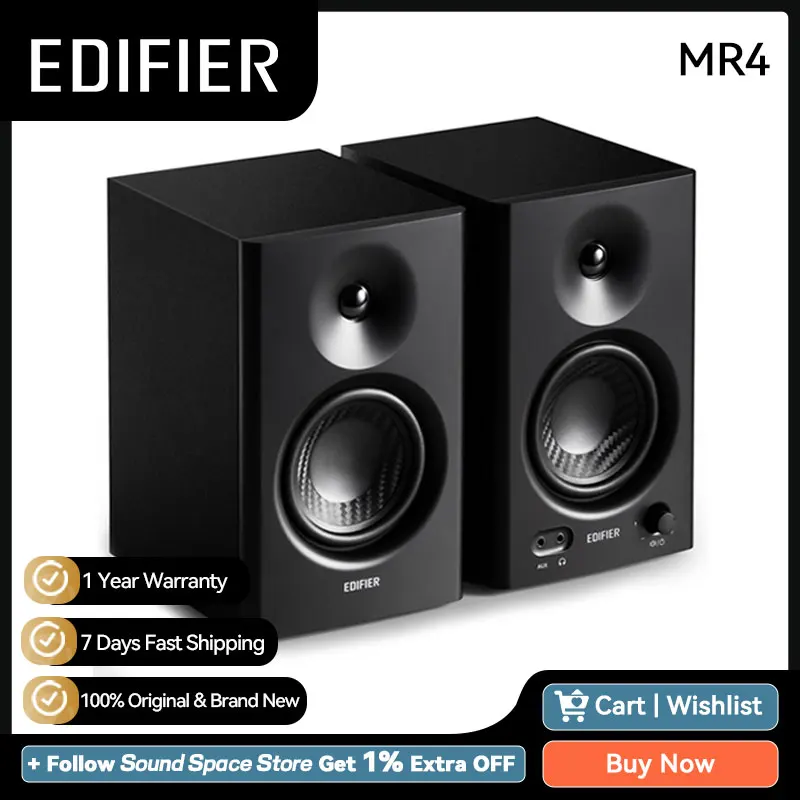 Edifier MR4 2.0 Studio Monitor Reference Speaker System TRS Balanced 3.5mm Aux RCA Inputs 42W RMS 4 Inches Black White Speakers