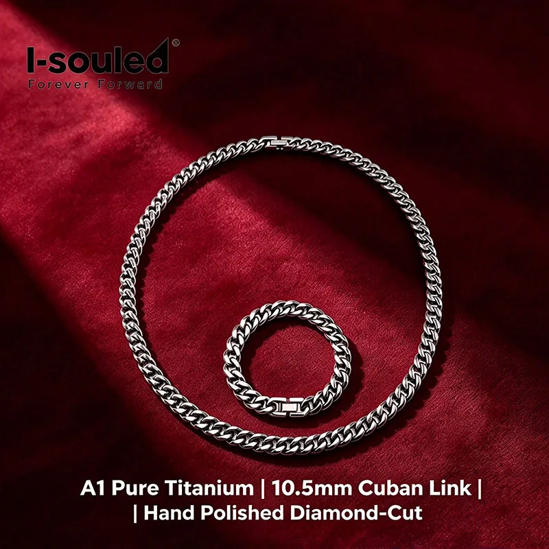 Ultra Light Pure Titanium Cuban Chain Necklace for Men 10.5mm TA1 Solid Diamond-Cut Hypoallergenic Nickel-Free Sensitive Skin Fr