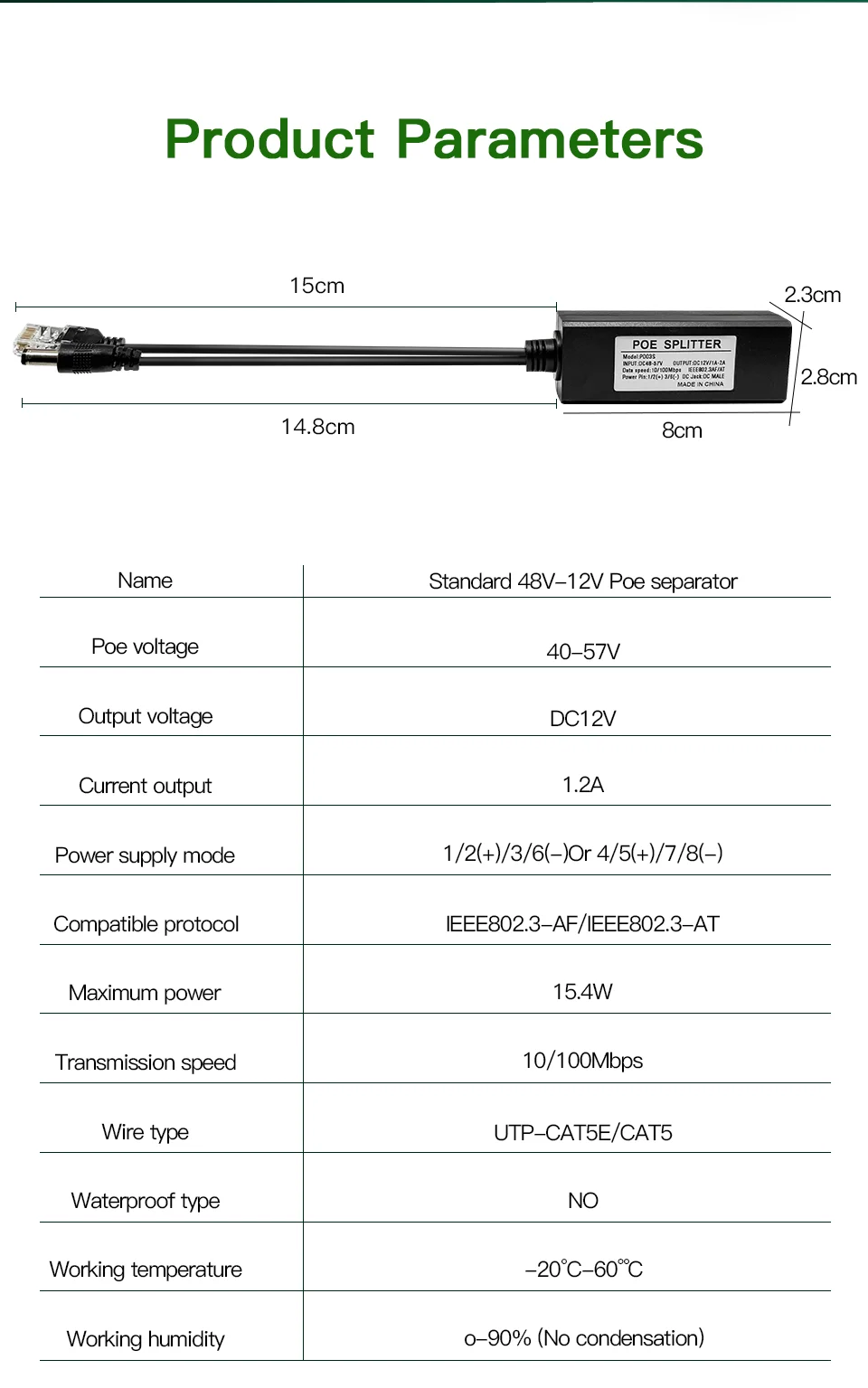 Standard POE Splitter 48V to 5V 12V 1.2A 2A Micro USB Type-C 100M/1000M POE Camera Injector Power Supply