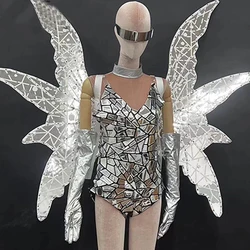 Shiny Silver Sequins Bodysuit Women Mirrors Costumes Bar Ds Dj Rave Outfits Sexy Pole Dance Clothes Stage Performance Wear 7601