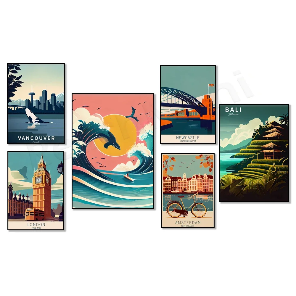 

London, Oahu Hawaii, beach surfing, Vancouver, Newcastle UK, Newcastle upon Tyne, Bali, Tokyo Japan, Amsterdam travel poster