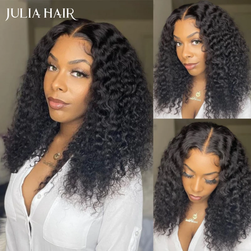 Julia Hair Glueless 4X0.75 T Part Lace Wig 100% Human Hair Short Bob  Jerry Curly Wig with Pre Plucked Without Bangs For Women