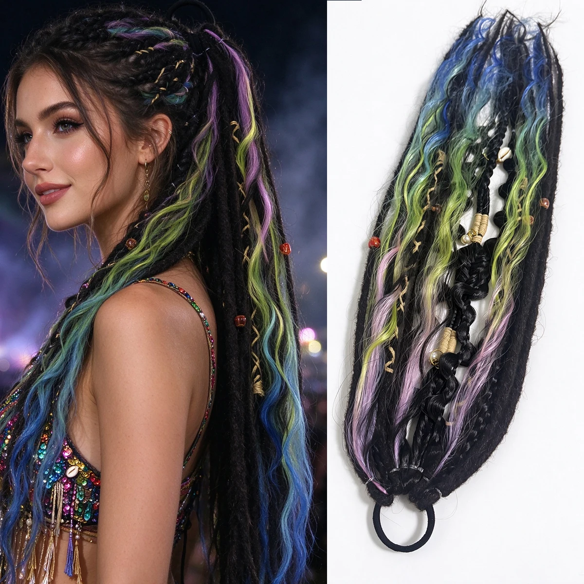 Synthetic Boho Dreadlock Ponytail Hair Extensions with Beads Shell Ombre Curly Dreads Hair Tie Braided Hairpiece for Women