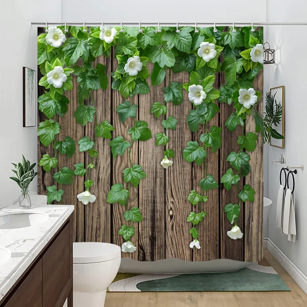 Rustic wood panel with green vines and white flowers Shower Curtain Green plants Polyester fabric Shower Curtains Bathroom Decor