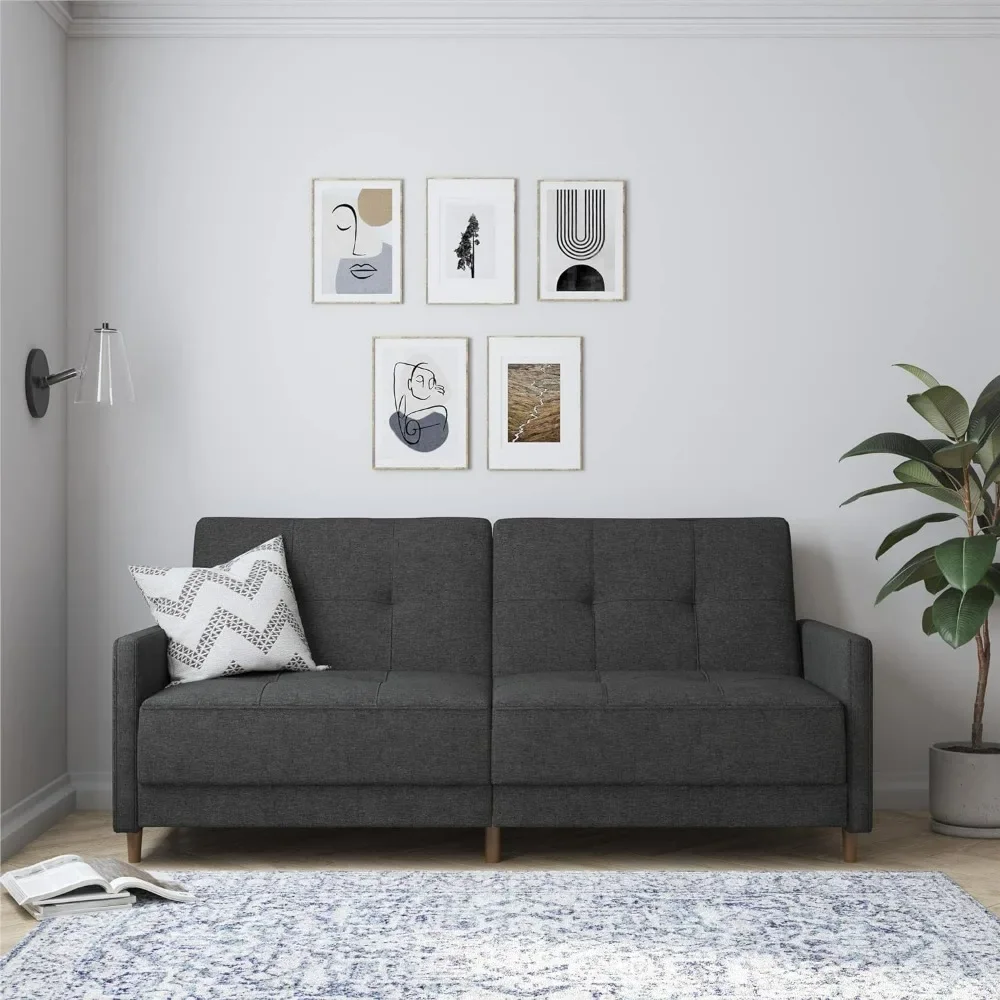 Andora Coil Futon Sofa Bed Couch with Mid Century Modern Design - Grey Linen,Converts easily from couch to sleeper