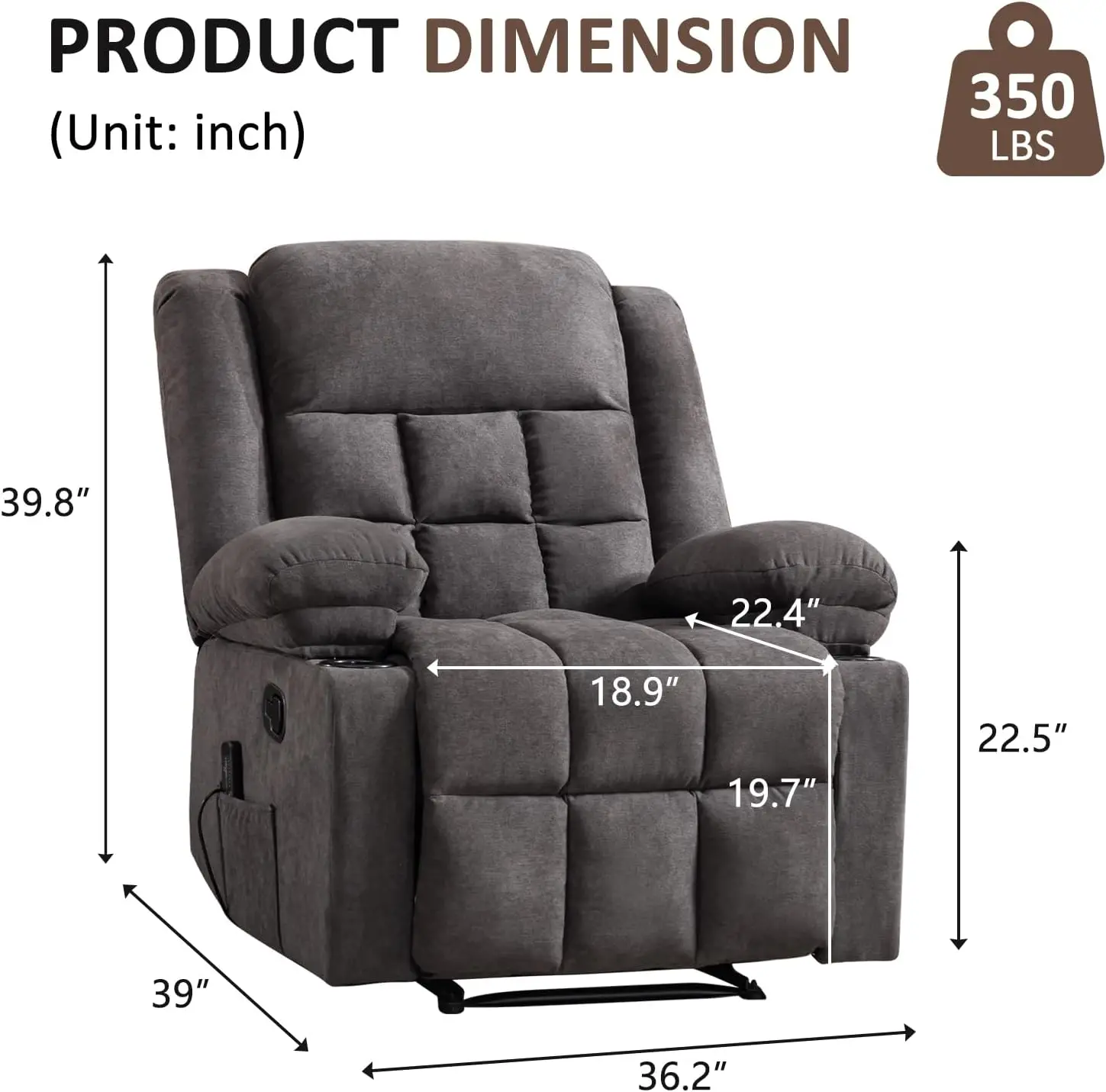 Manual Recliner Chair for Adults with Vibration Massage and Lumbar Heating, Soft Fabric Recliner Single Sofa with Side Pocket an