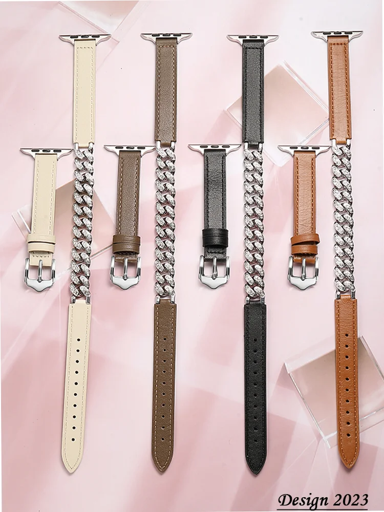 Double tour strap for Apple Watch Band 44mm 45mm 40mm 41mm women Diamond Genuine Leather Bracelet series 8 7 SE 6 5 4 Ultra 49mm