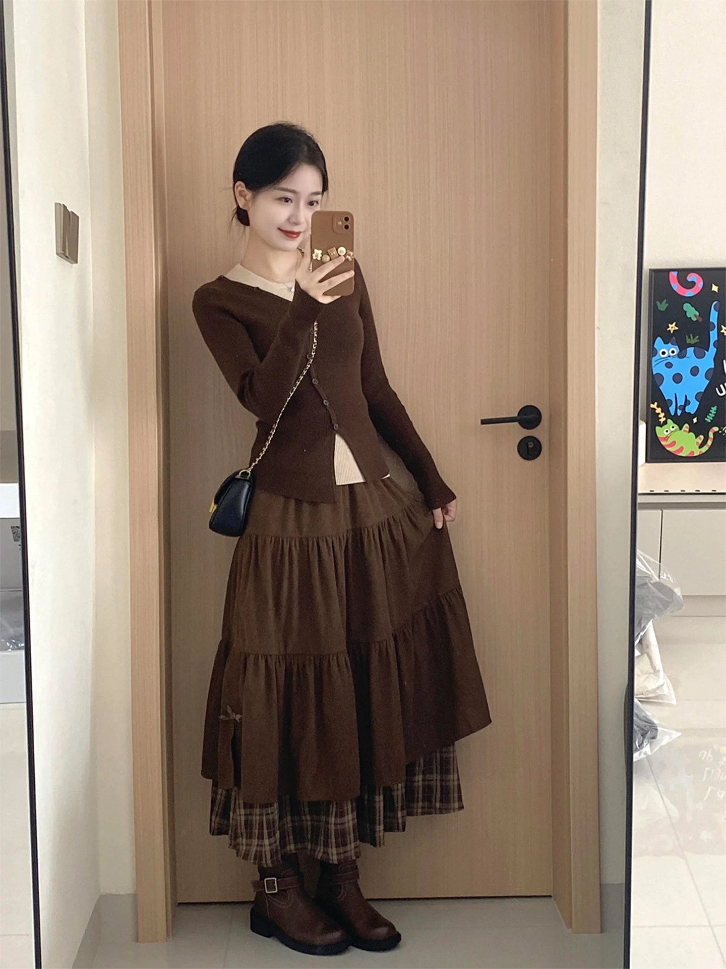 Retro Japanese Style Long A-Line Skirt Women's High Waist Patchwork Plaid Half-length Casual Skirts Autumn Season Fashion