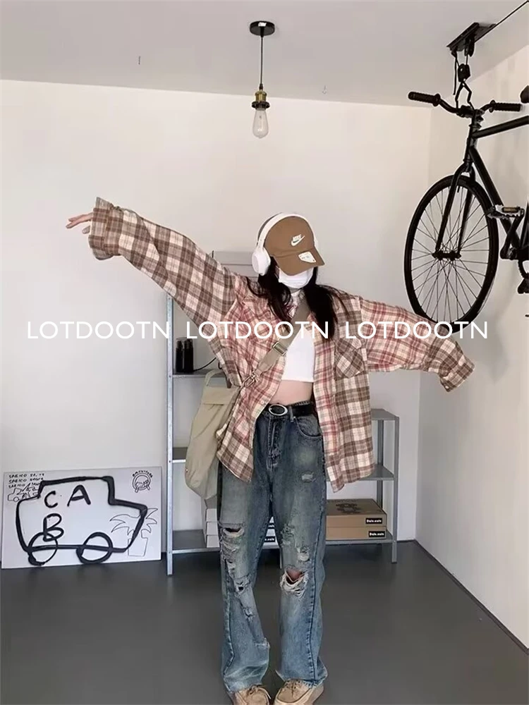 LOTDOOTN Spring New Pink Plaid Shirts Top Women Street Wear Gingham Casual Long Sleeve Top Single-Breasted Oversize Shirt Ladies